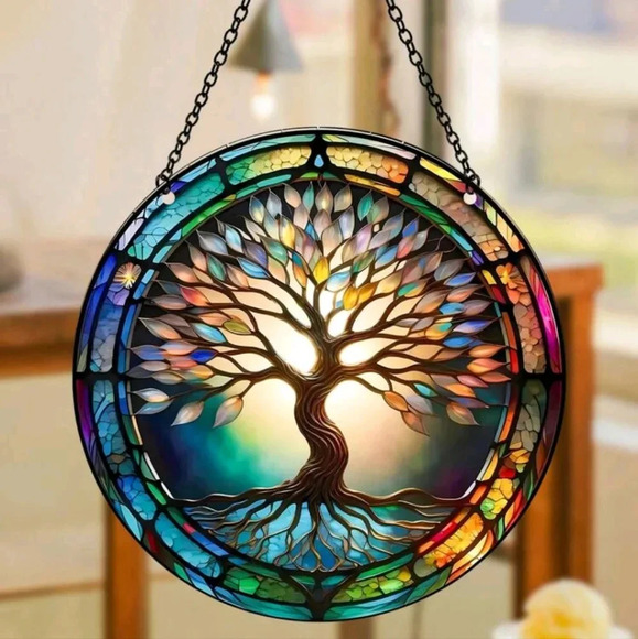 Tree nature weather stained glass style resin decor enamel home hanging picture - Picture 1 of 7